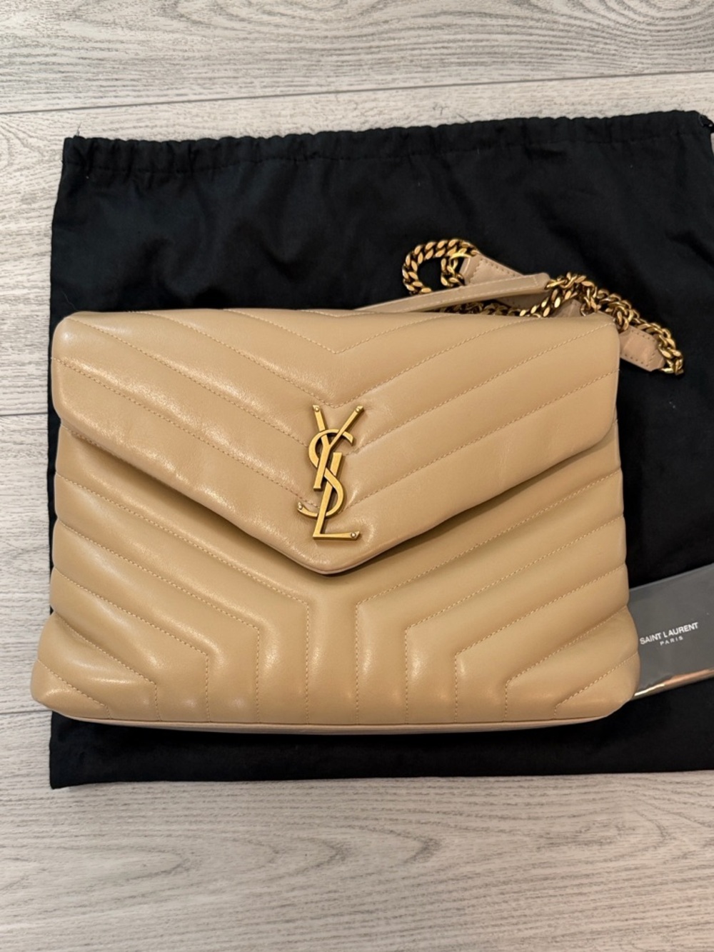 Saint Laurent Tan Quilted Chevron Leather Shoulder Bag with Gold YSL "Used"
